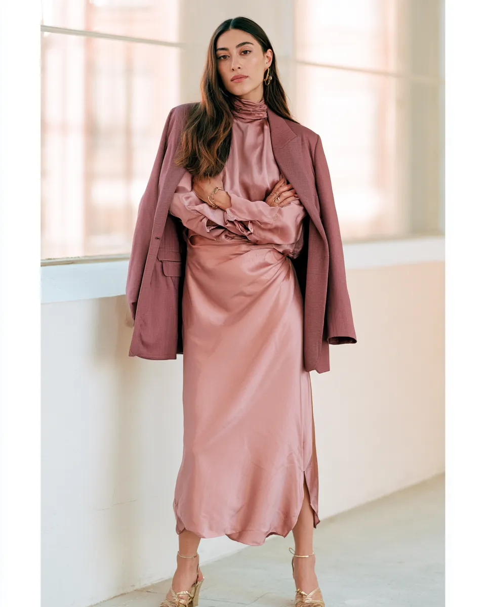 bridesmaid outfit for bridal shower blush pink dress blazer layering
