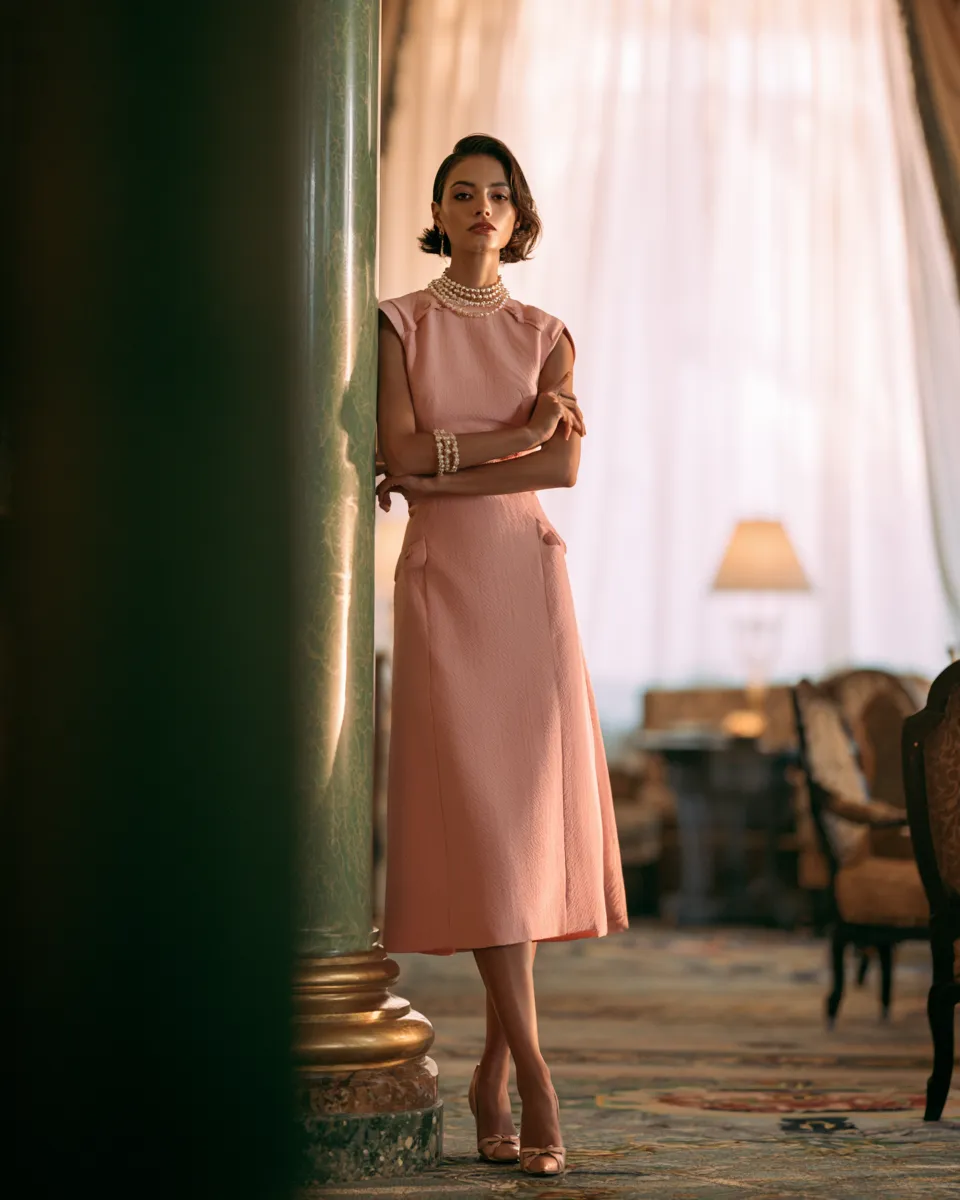 stylish bridal shower attire ideas hotel setting structured dress pearls