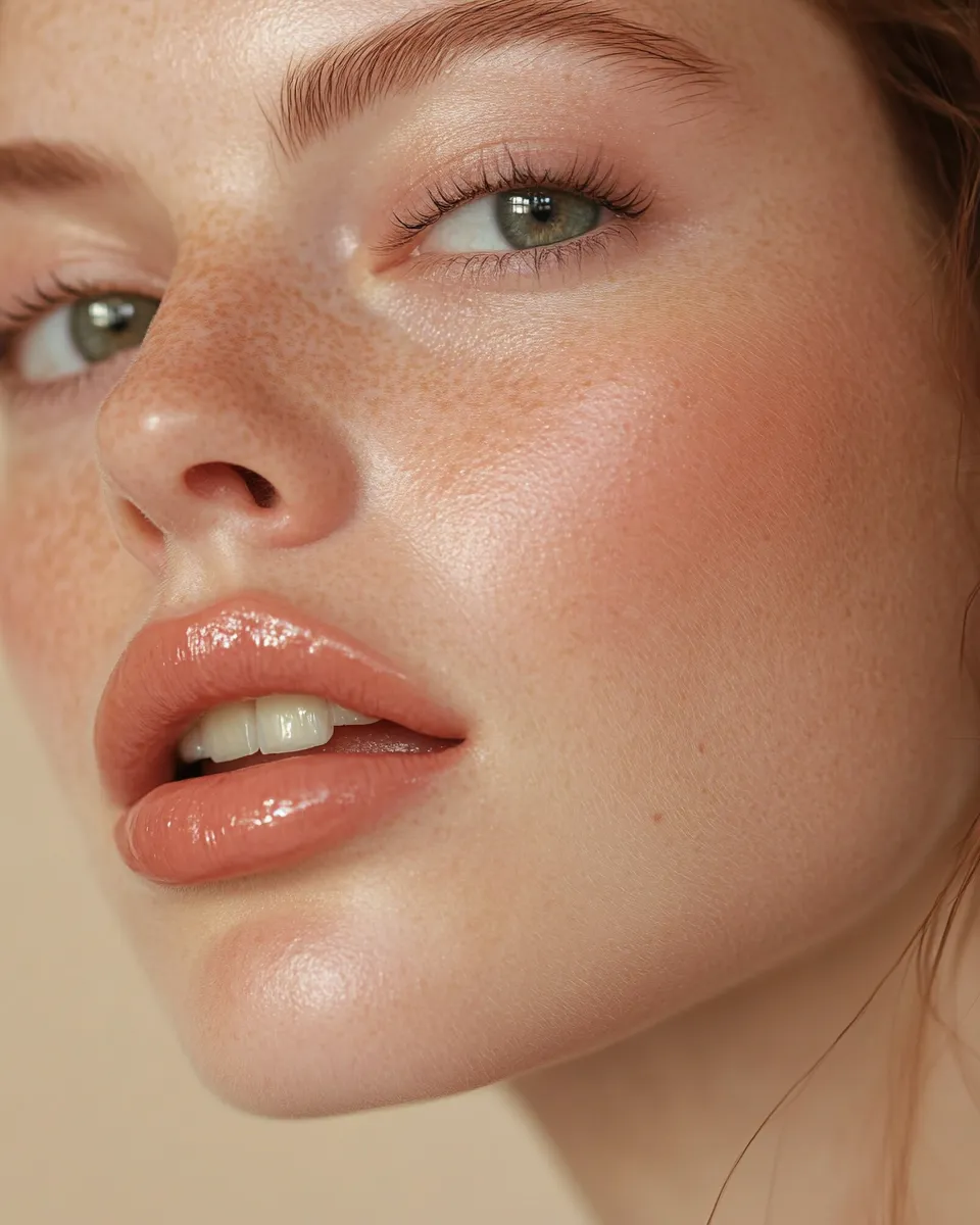 Editorial portrait showing the butter lips trend with glazed high-shine finish that looks easy to get at home