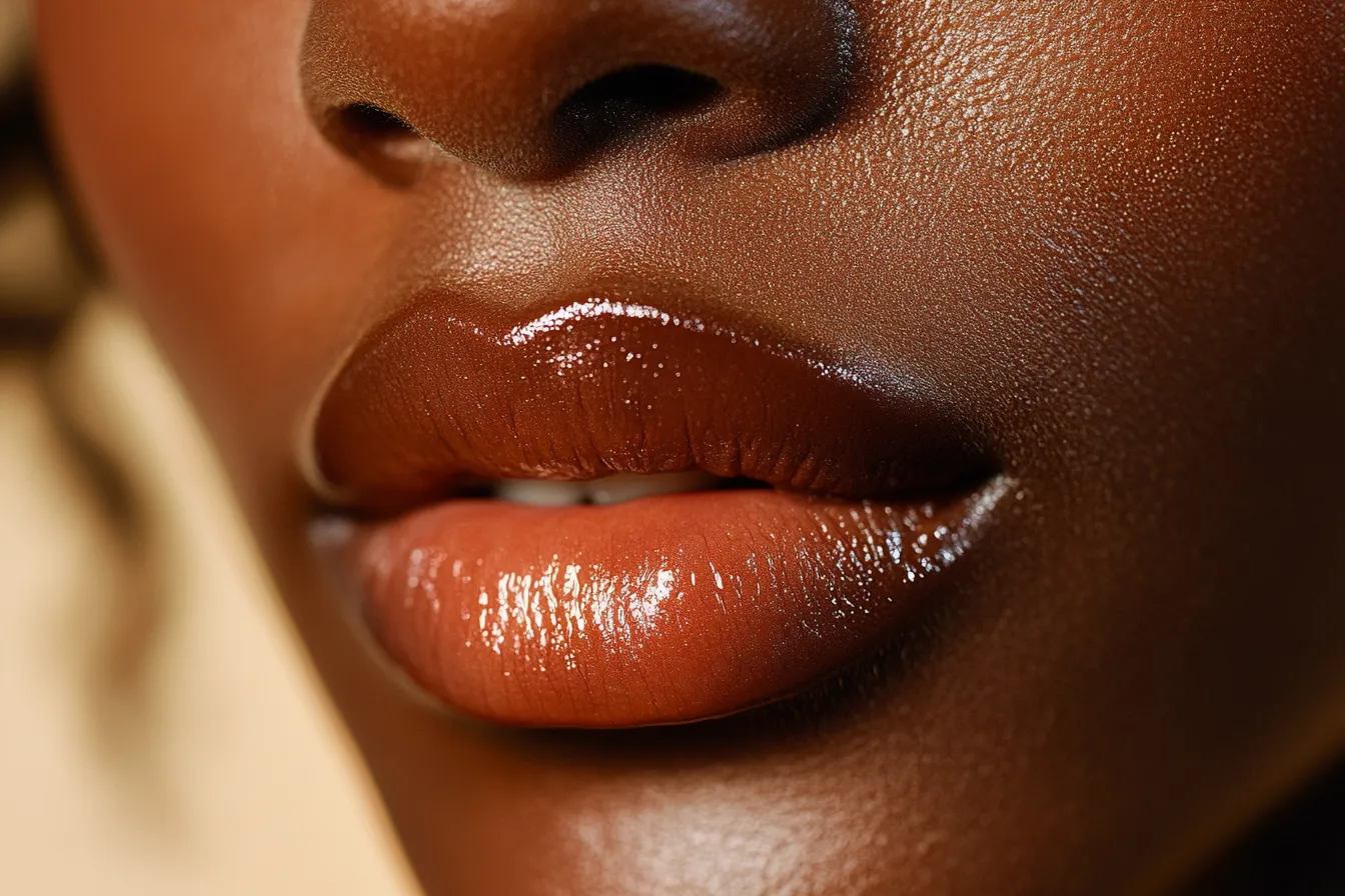 Close-up editorial of butter lips trend showing the exact glazed pillowy texture and warm tone how to get at home