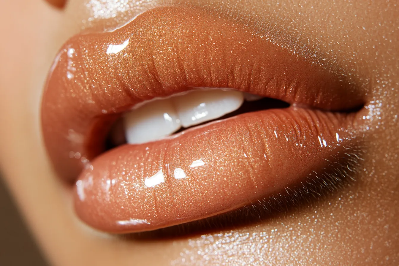 Extreme close-up of butter lips trend look showing glazed warm honey tone and pillowy texture done at home