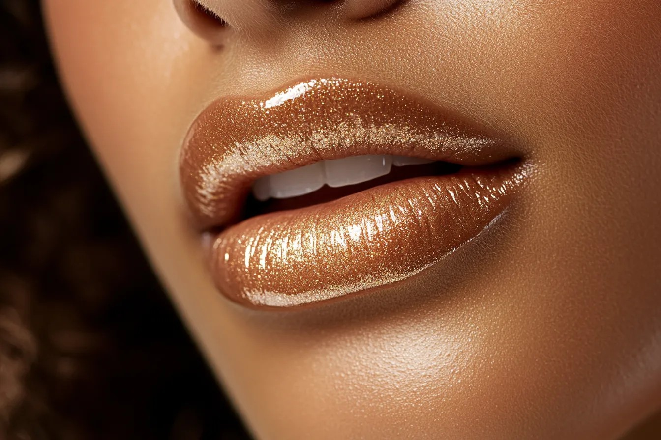 Macro editorial of the butter lips trend result with warm high-shine gloss and soft natural lip texture visible