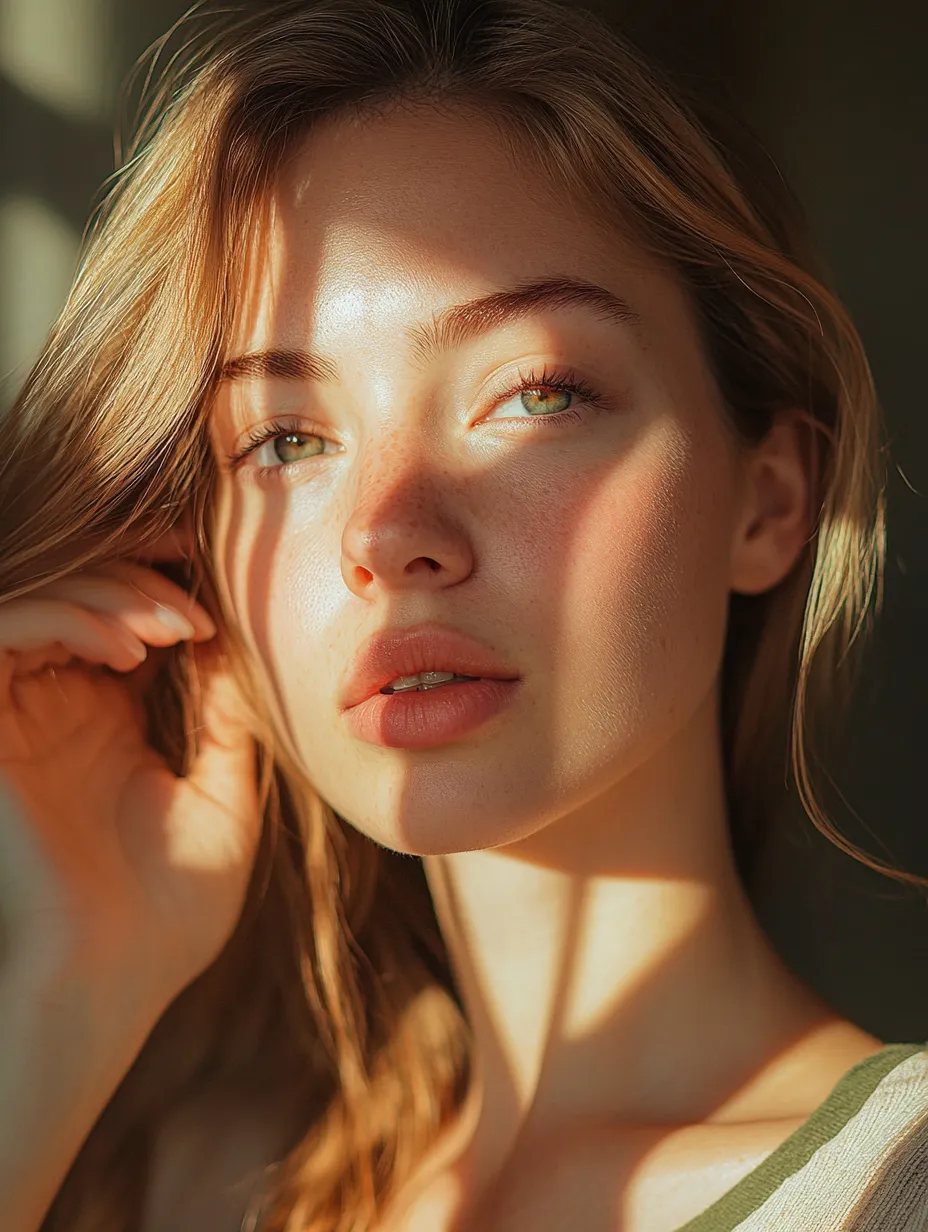 Full face editorial portrait with butter lips trend done at home as the statement look against glowing minimal skin