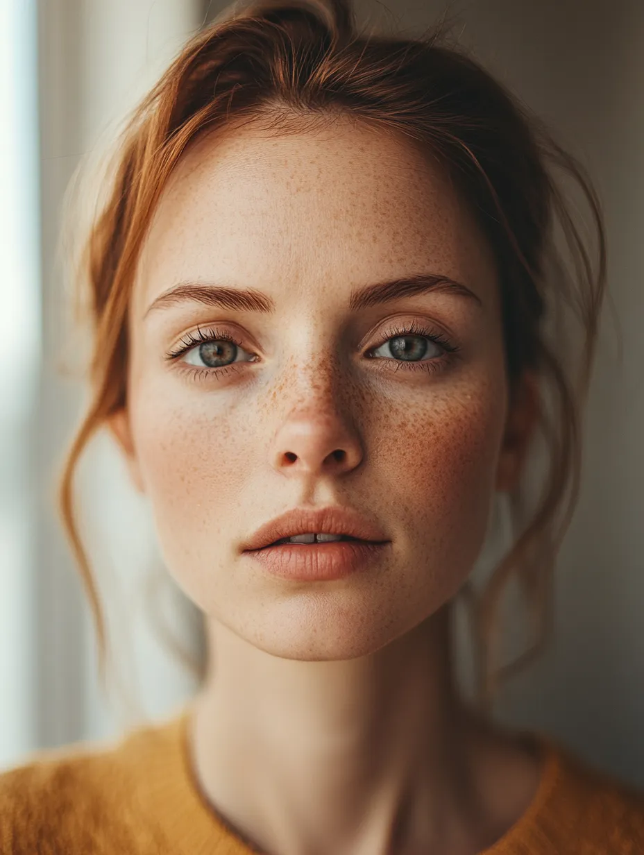 Real woman with warm skin showing butter lips trend look at home as main makeup feature with minimal face