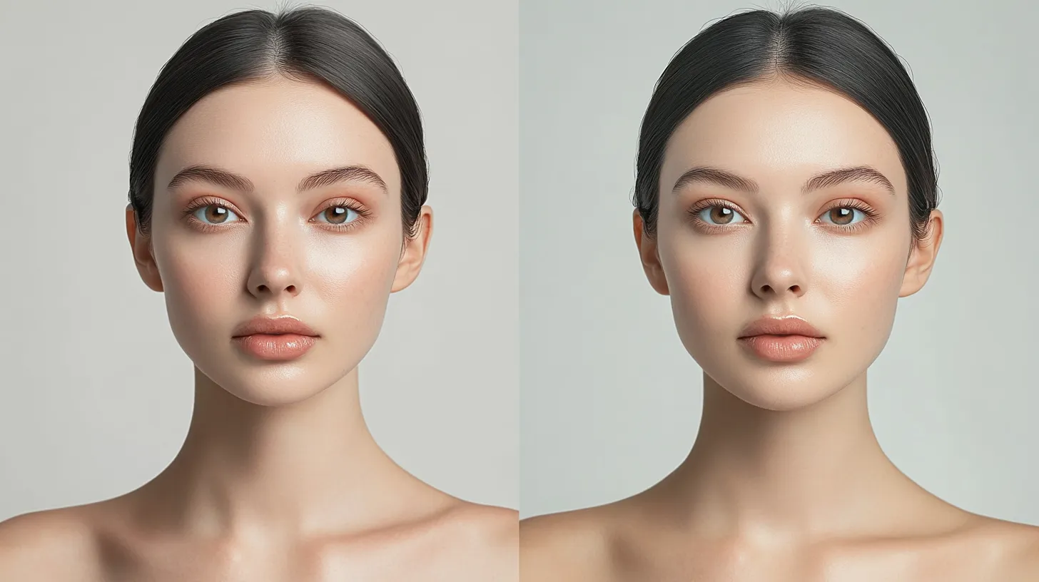 Split portrait before after showing how to get the butter lips trend look at home with full transformation