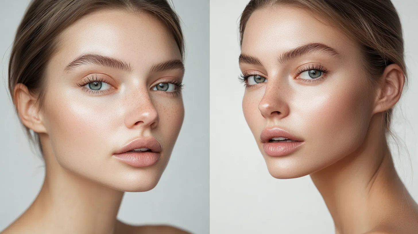 Editorial before and after of butter lips trend done at home from bare face to glazed warm pillowy lip result