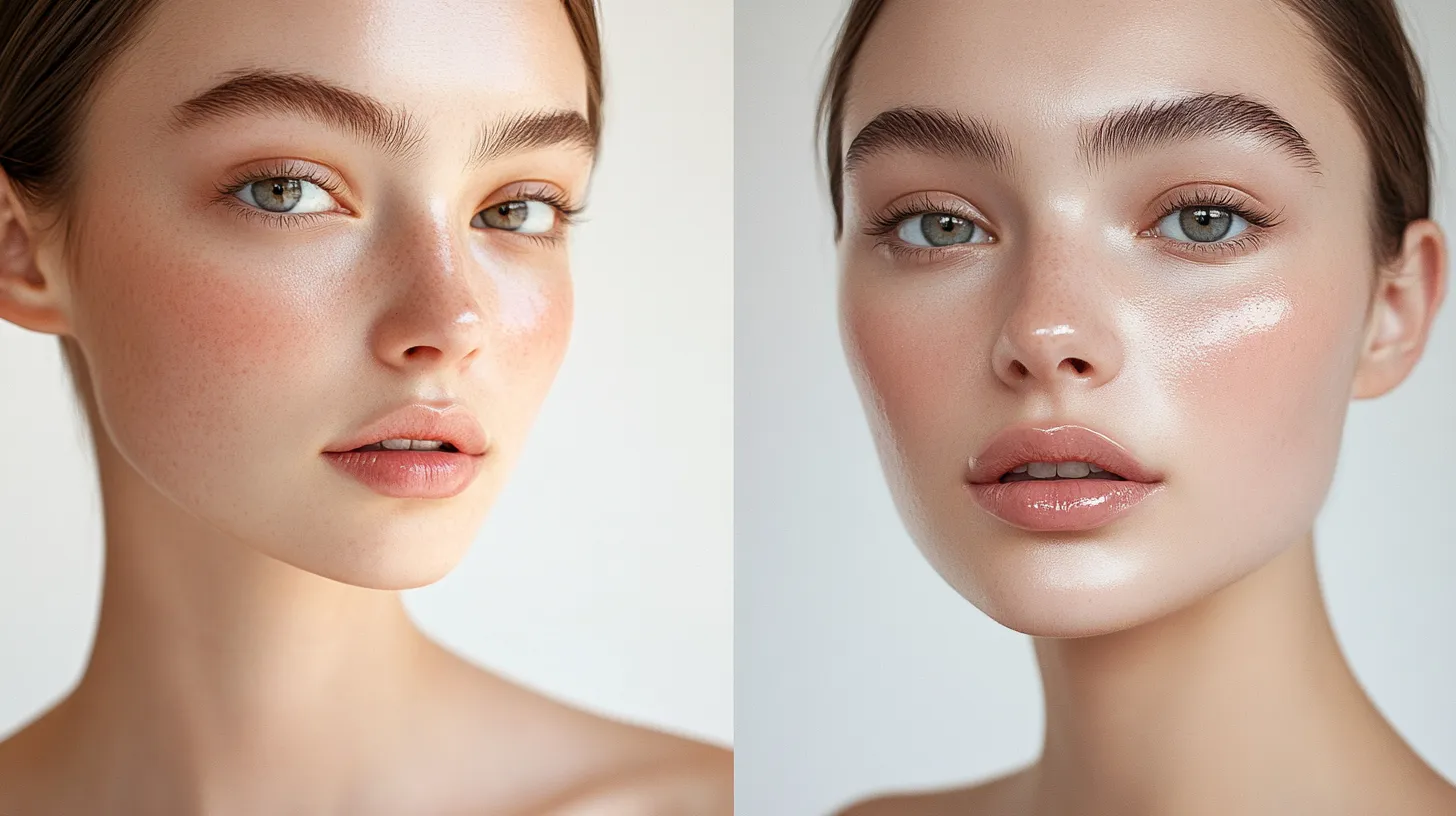 Side by side comparison before after of woman getting the butter lips trend look at home step by step