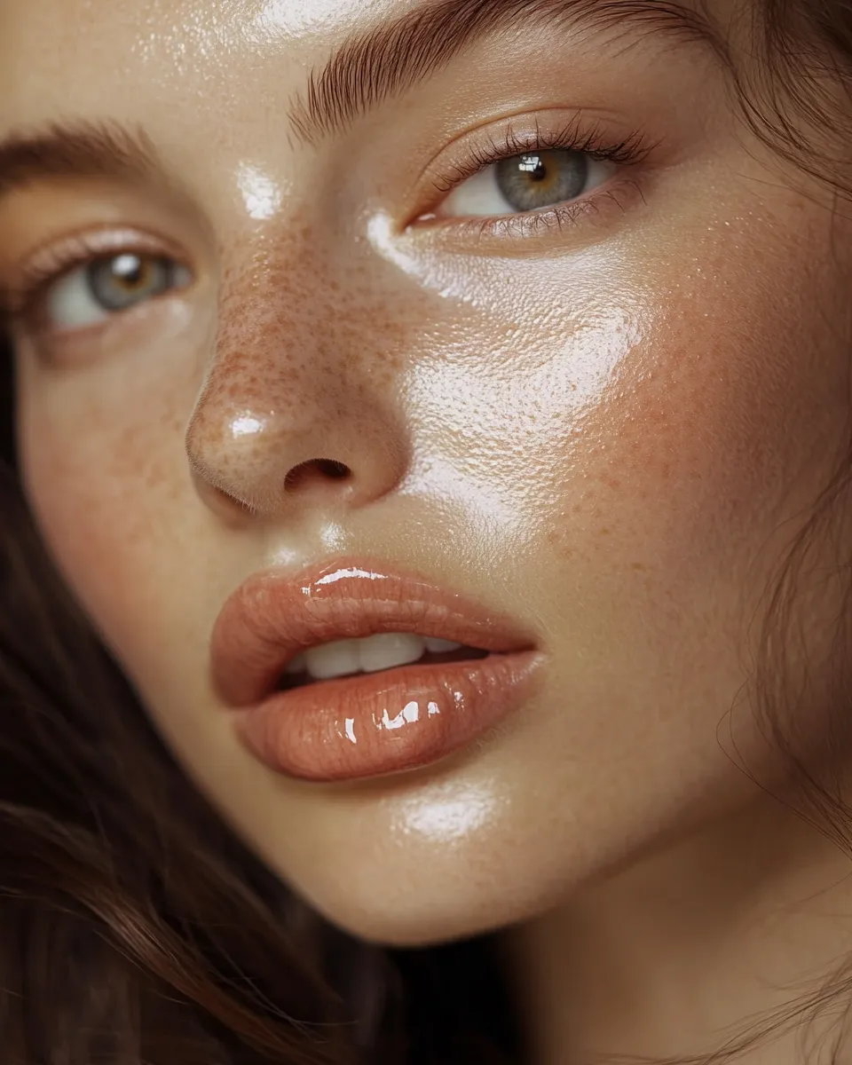 Close beauty portrait of woman with butter lips trend look done at home with soft glazed pillowy lip texture