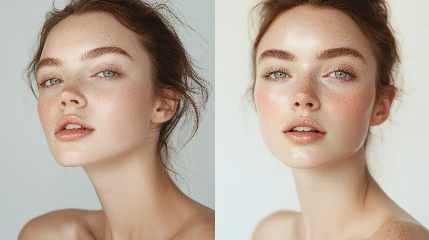 Before and after of butter lips trend at home showing bare lips versus full glazed butter lips result