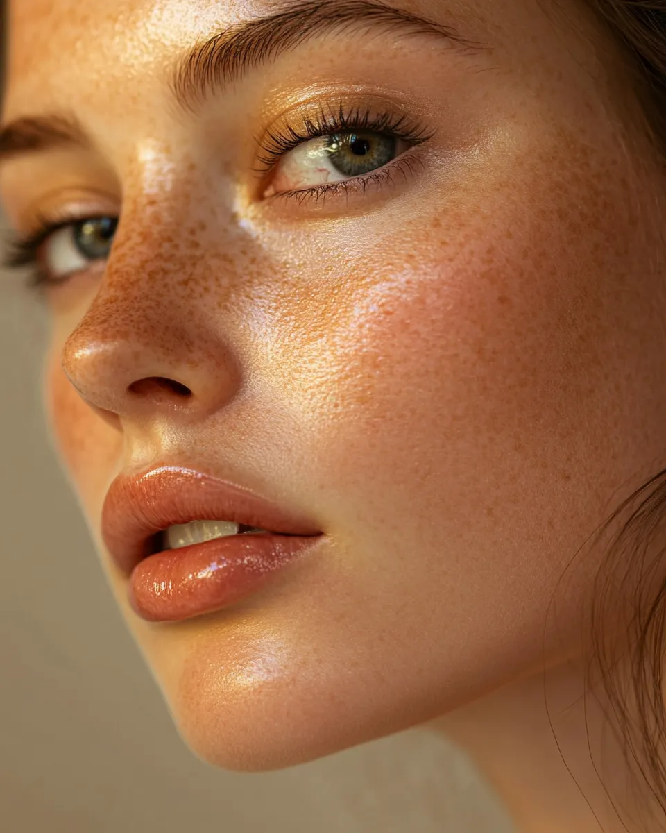 Woman with full butter lips trend look showing how to get the warm glazed finish at home with simple products