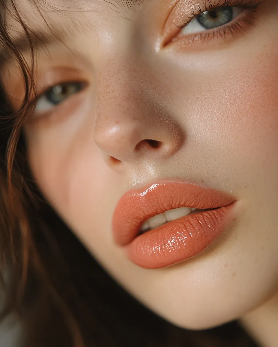 Real woman with butter lips trend look showing glazed pillowy lip finish and soft warm tone at home