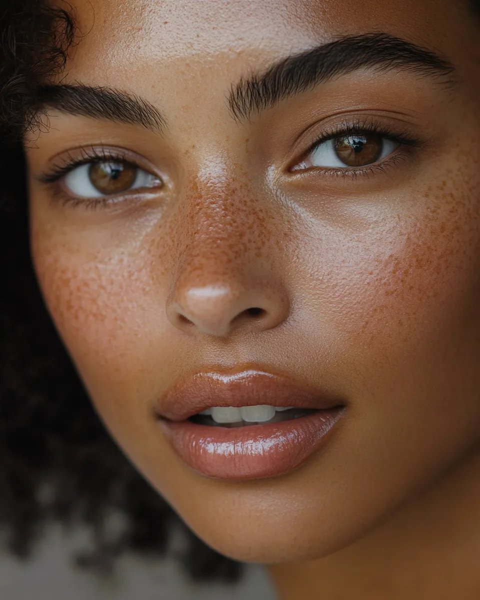 Editorial portrait of medium skin butter lips trend look at home showing how to get warm caramel gloss finish