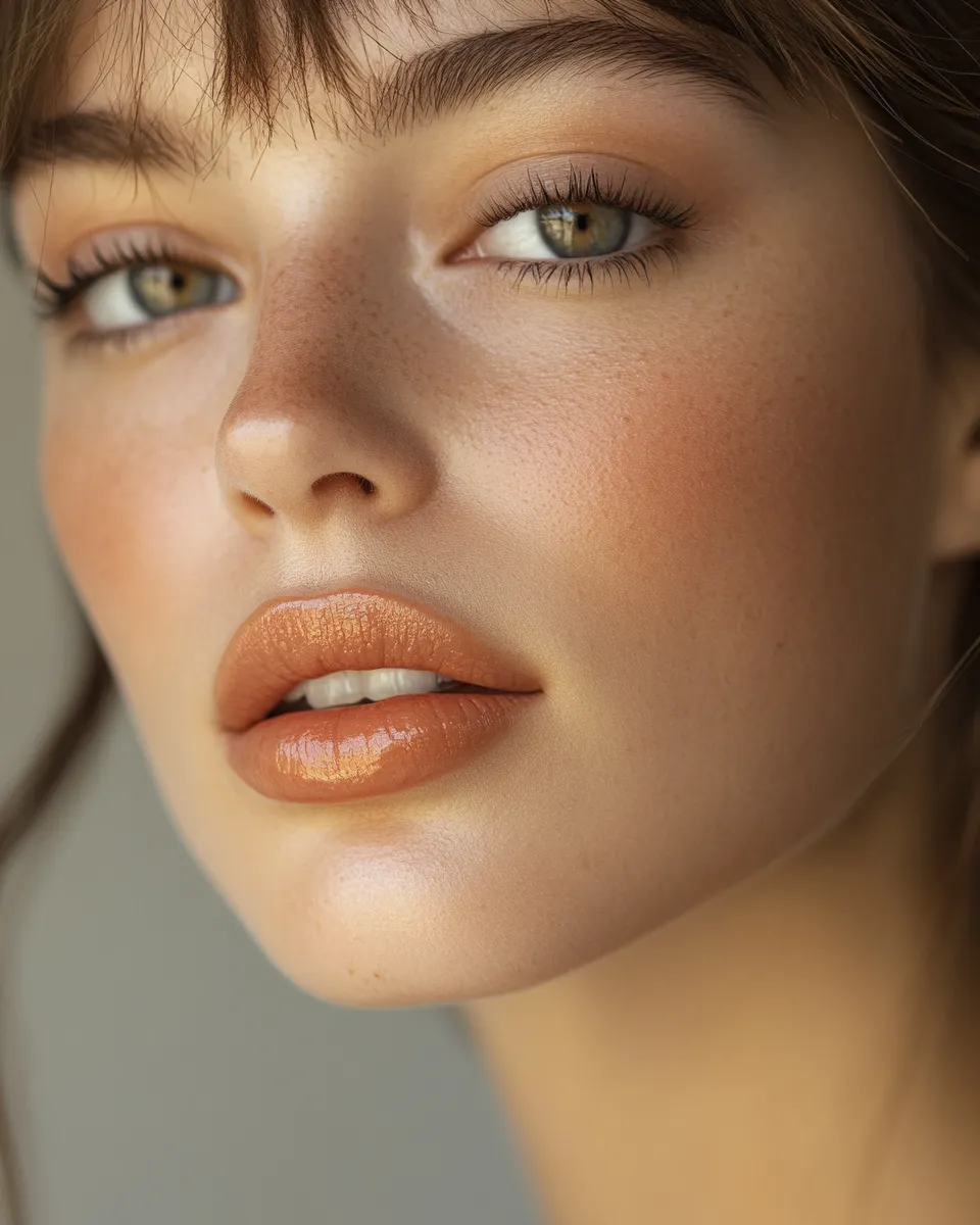 Woman with medium tan skin showing butter lips trend look at home with warm caramel glaze and amber tone