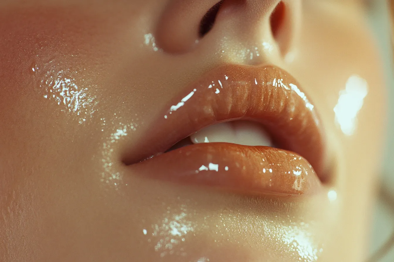 Ultra close lip detail showing how to get the butter lips trend look at home with layered warm gloss finish