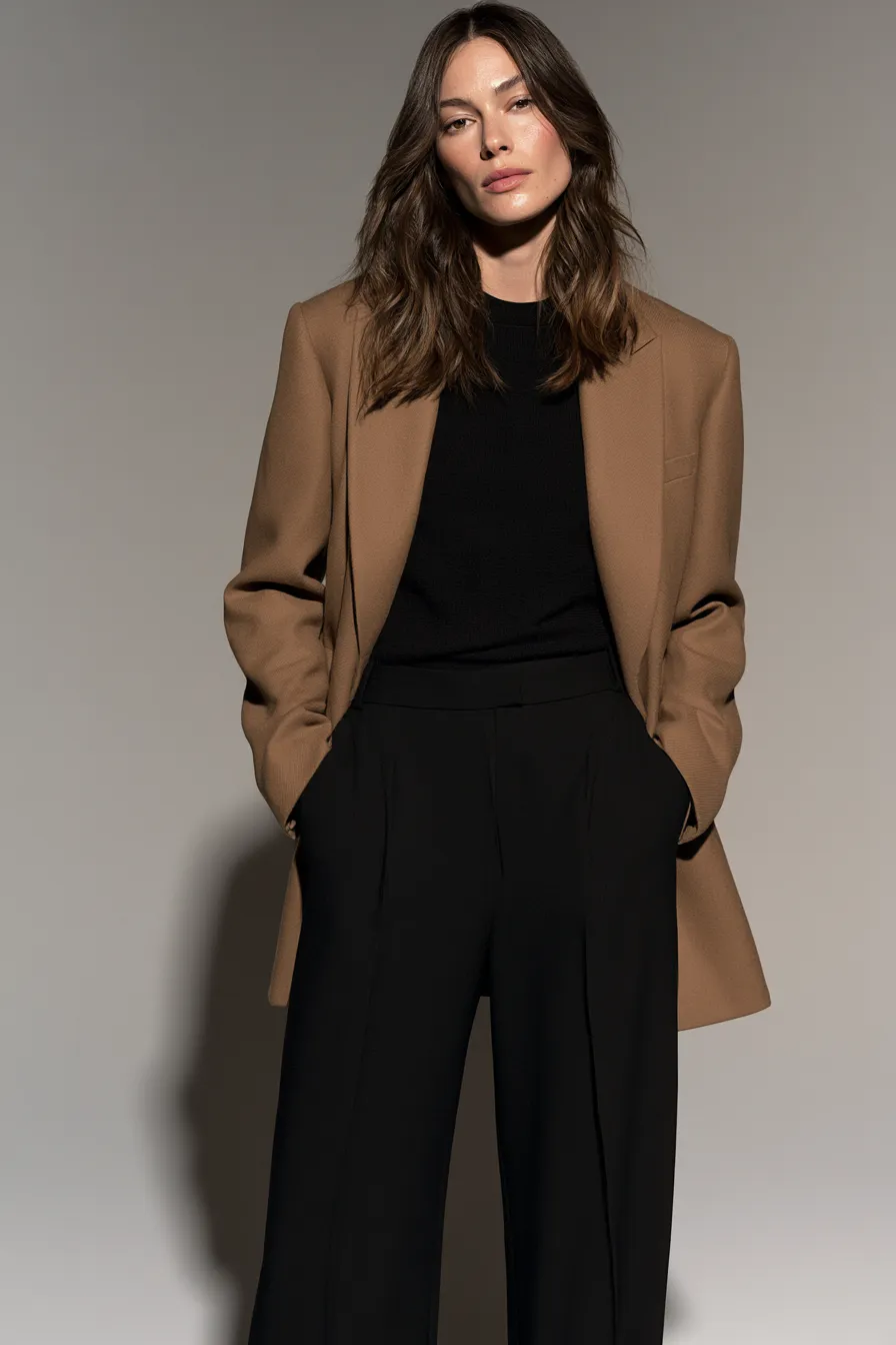 Capsule wardrobe layering essentials women 30s camel blazer over black knit and trousers