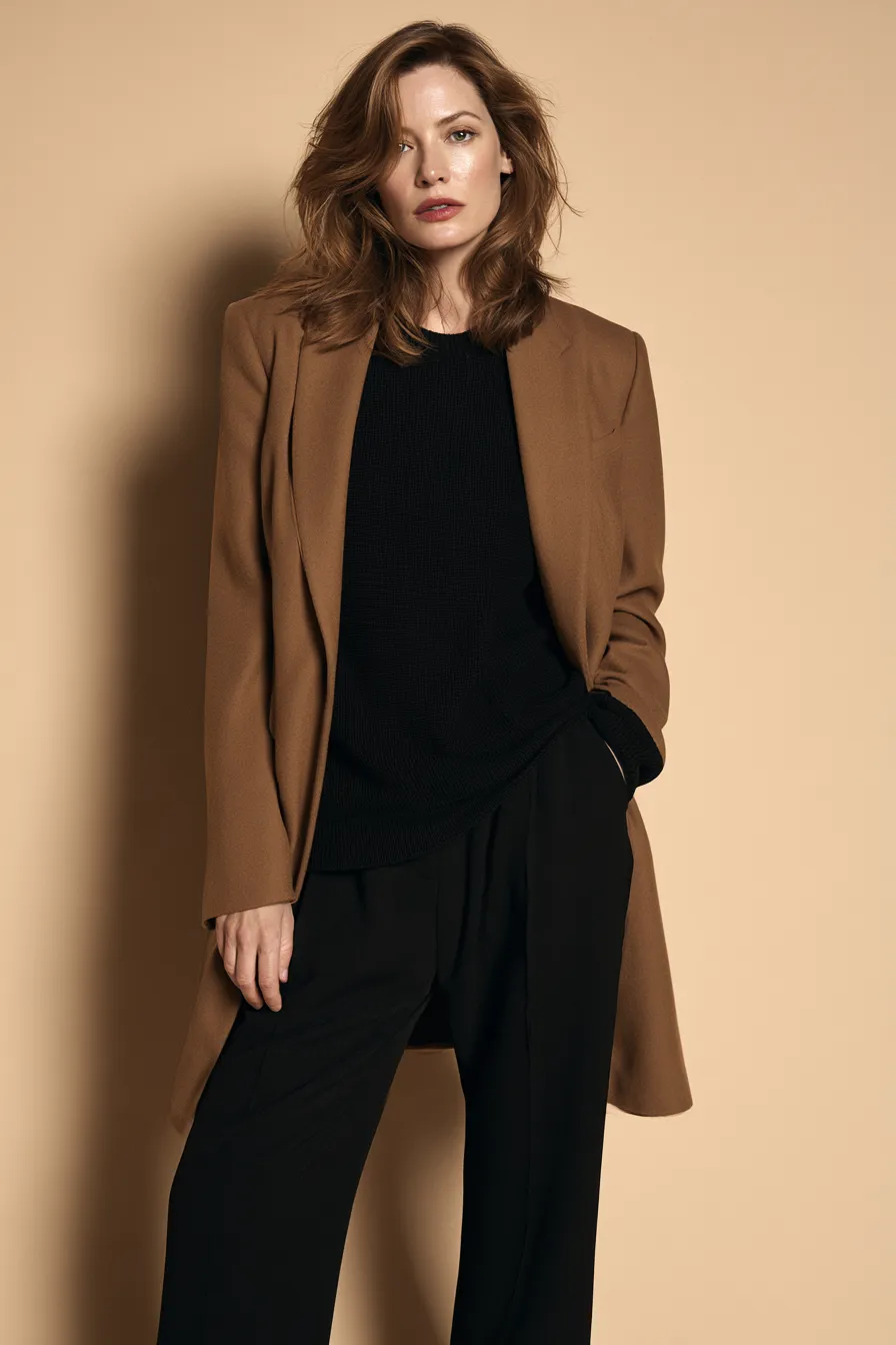 Women in their 30s core wardrobe look camel blazer and tailored black trousers