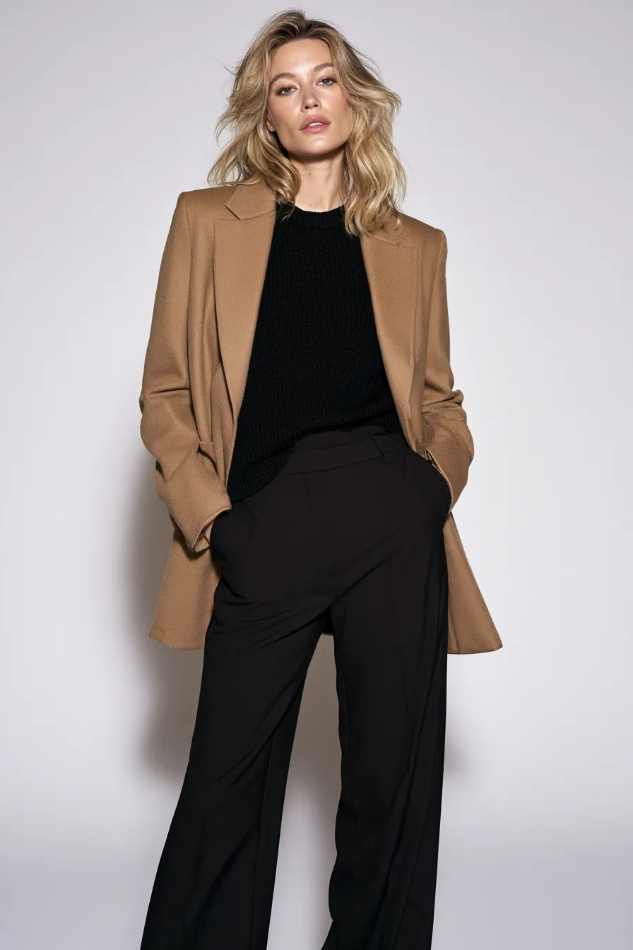 Capsule wardrobe outfit for 30s women structured blazer and fitted knit editorial