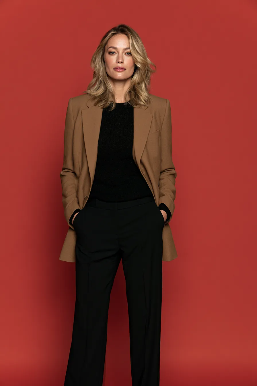 Essential wardrobe combination for women over 30 blazer and monochrome black pieces