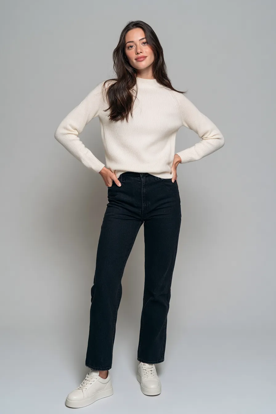 Core wardrobe essentials for 30s women fitted knitwear and tailored jeans look