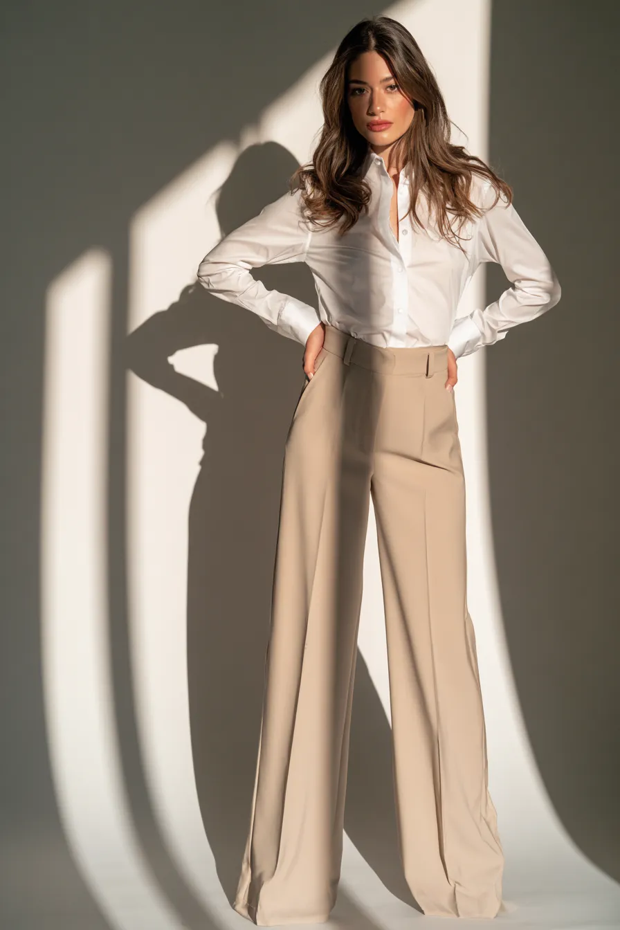Capsule wardrobe essentials for women over 30 standing studio fashion shot