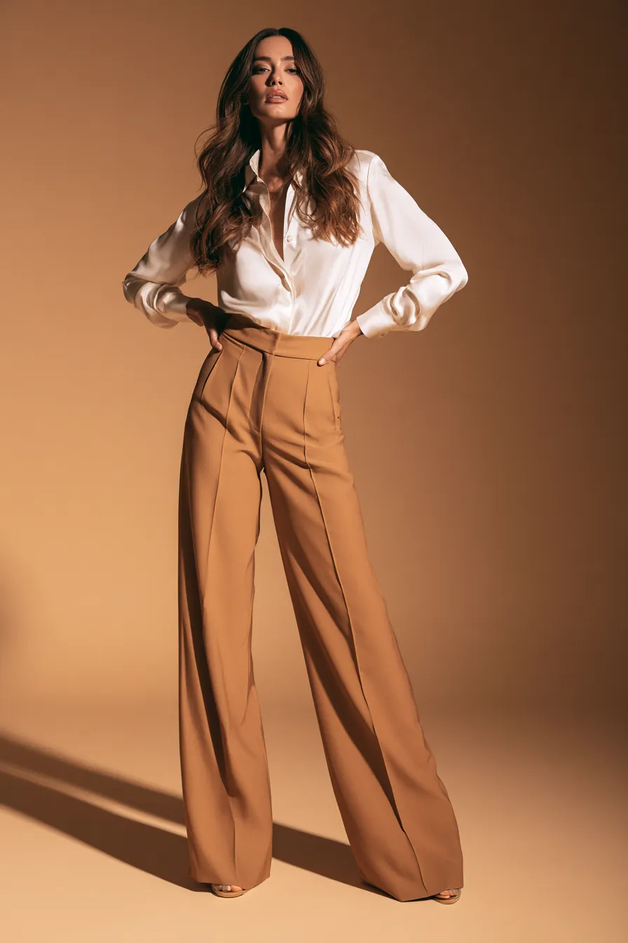 Women in their 30s wearing capsule wardrobe bottoms high-waisted wide-leg trousers
