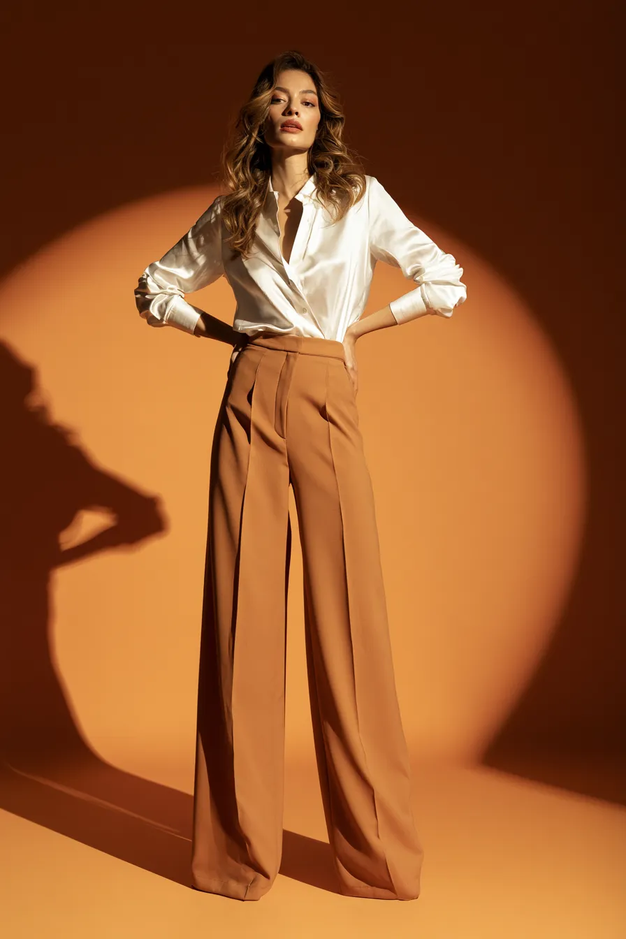Core capsule wardrobe pieces for women over 30 camel trousers tucked blouse look