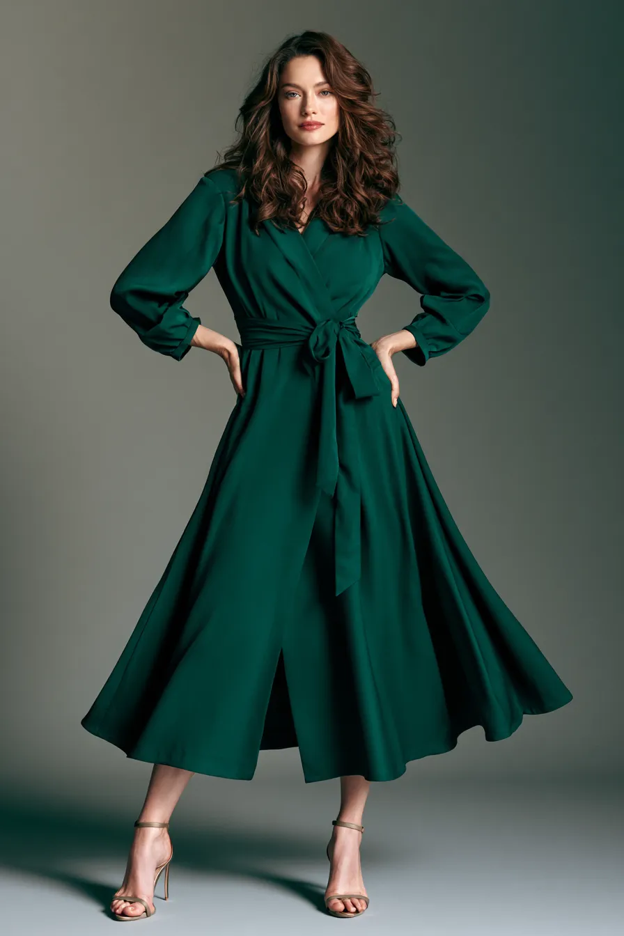Capsule wardrobe women in their 30s wrap midi dress emerald green belted outfit