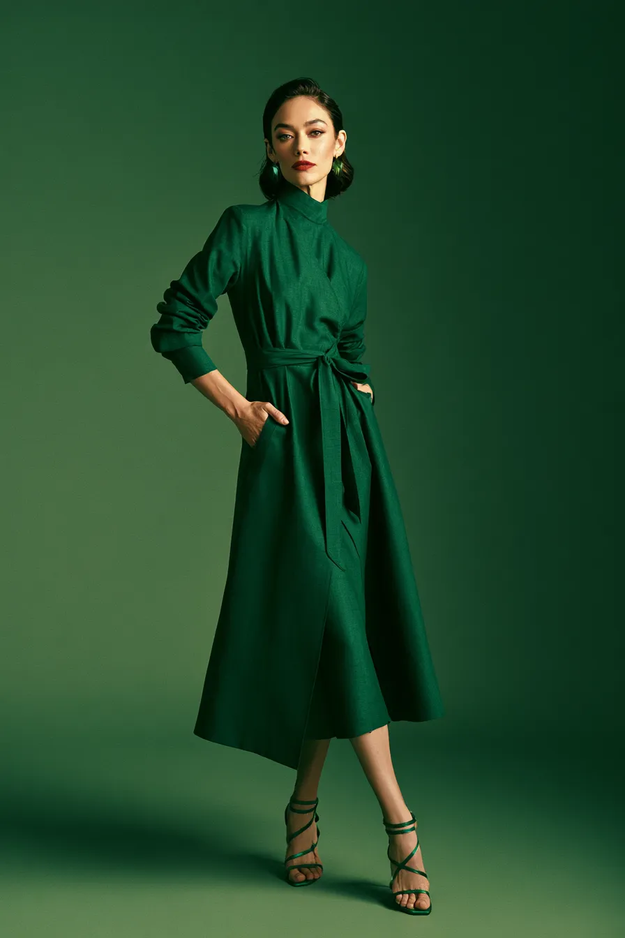 Essential capsule dress for women over 30 wrap style emerald green editorial