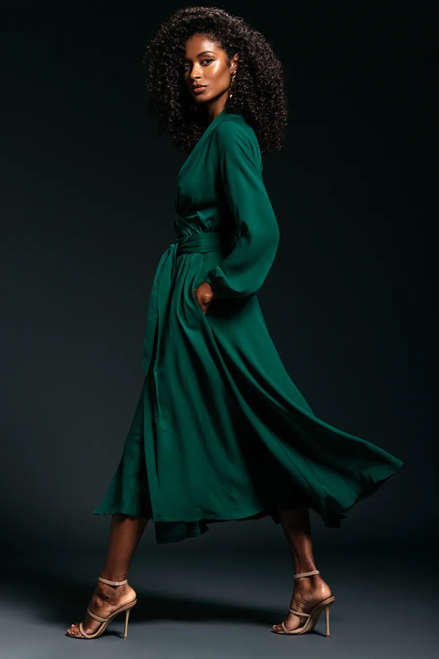 Women 30s capsule wardrobe outfit wrap dress styled with heels for evening