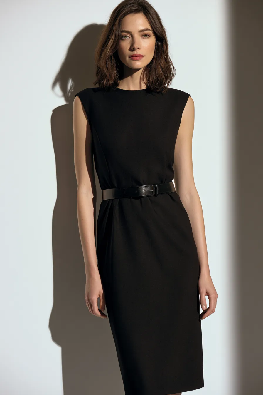 Women over 30 wardrobe essential fitted black dress with leather belt standing