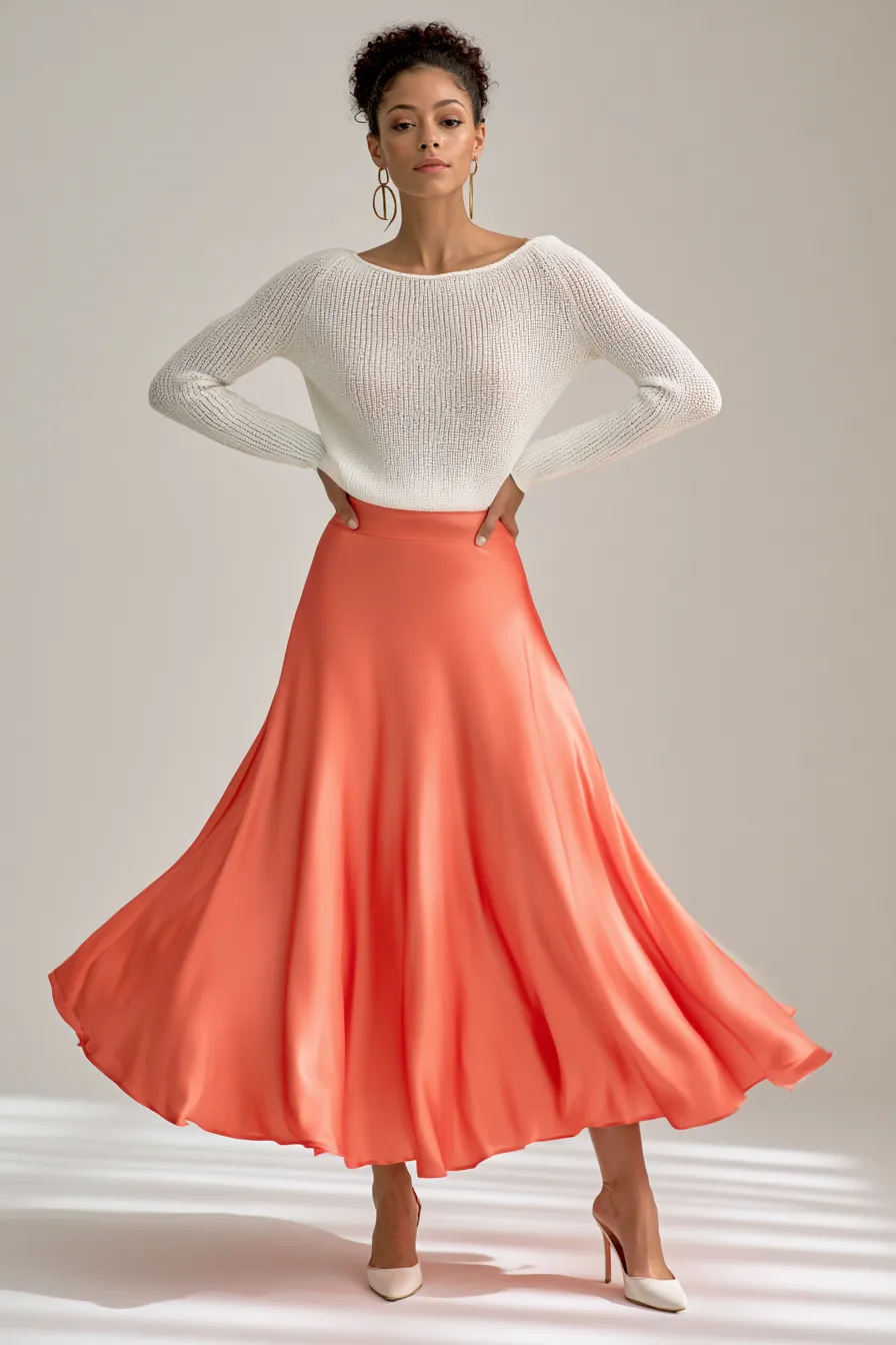 Stylish women's casual look with a flowy skirt and fitted top photographed in a fashion catalog studio