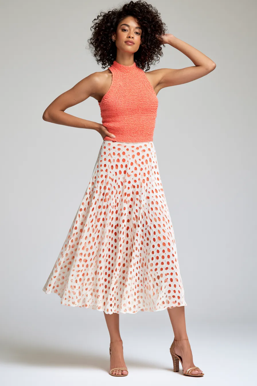Casual everyday outfit for women in coral and white tones, full-body standing pose on white background