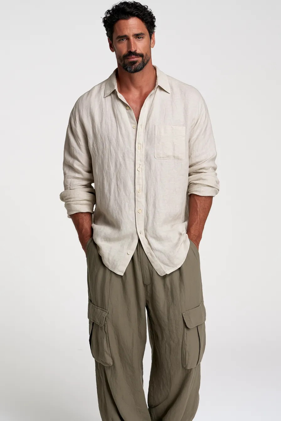 Male model in a relaxed men's casual outfit with cargo pants and an oversized linen shirt in a studio