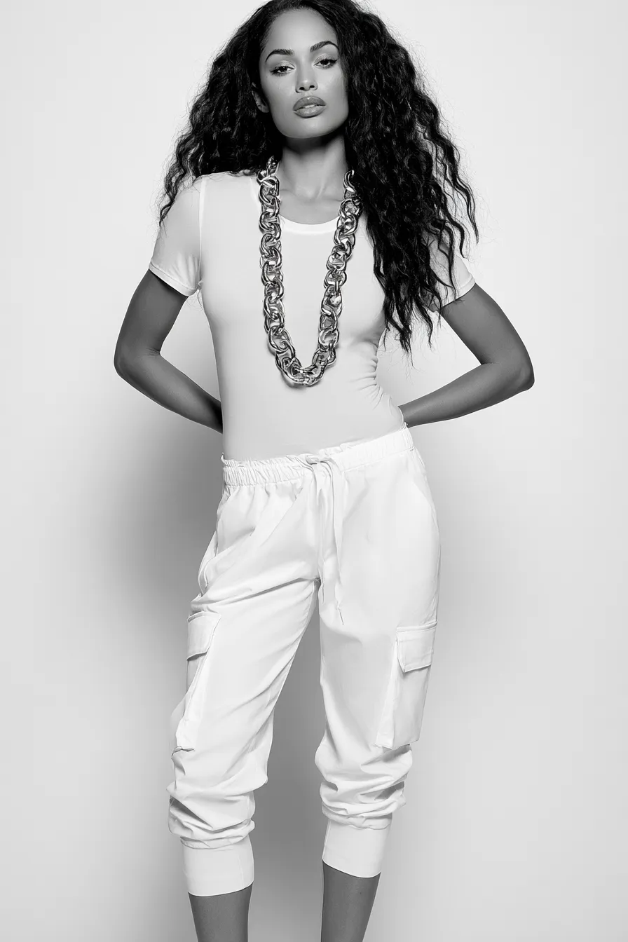 Studio catalog photo of a woman in a stylish casual look with utility pants and a fitted tee