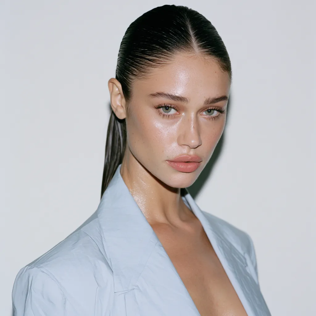 Clean girl hairstyle tutorial showing a sleek low ponytail with center part and laid edges