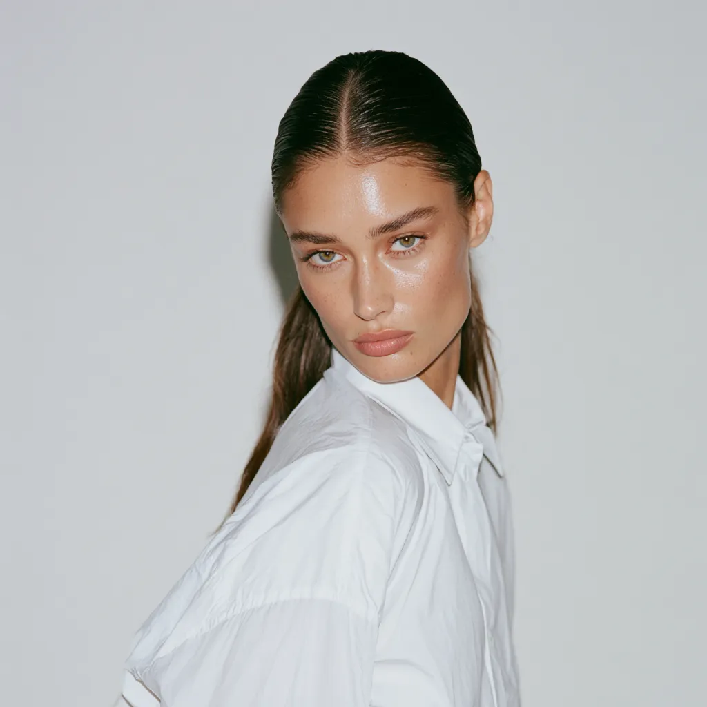 Clean girl low ponytail hairstyle with smooth shine and perfectly laid baby hairs in studio portrait