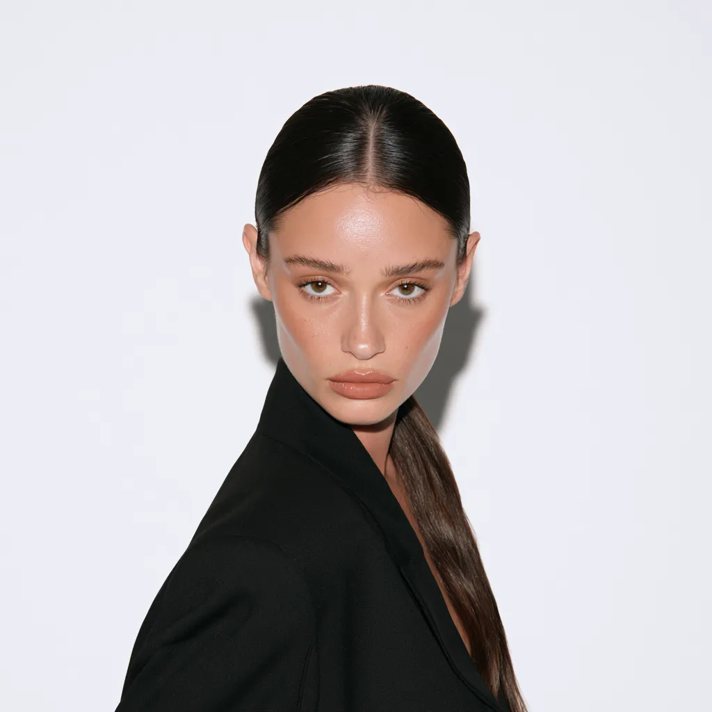 Step by step clean girl hairstyle result with sleek ponytail and minimal glossy styling