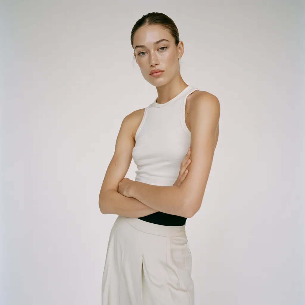 Clean girl aesthetic hair look with smooth low bun and glowing skin in fashion magazine portrait