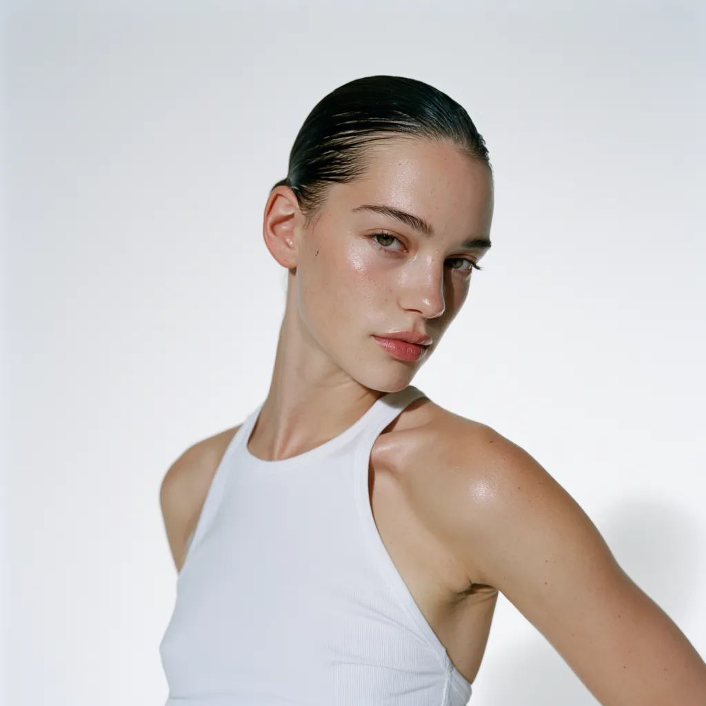 Clean girl hairstyle tutorial result showing a sleek low bun with laid baby hairs in studio editorial