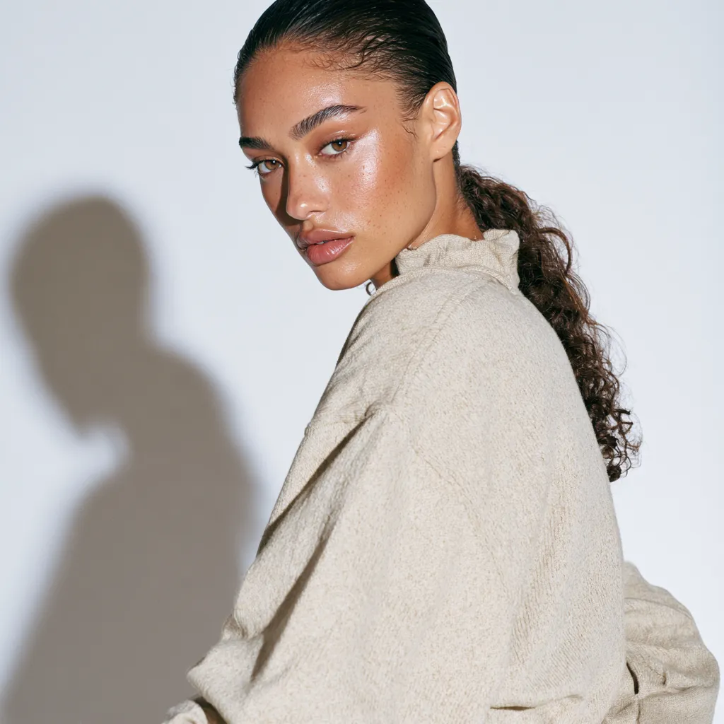 Natural curly clean girl hair look with smooth perimeter and glowing skin in editorial studio portrait