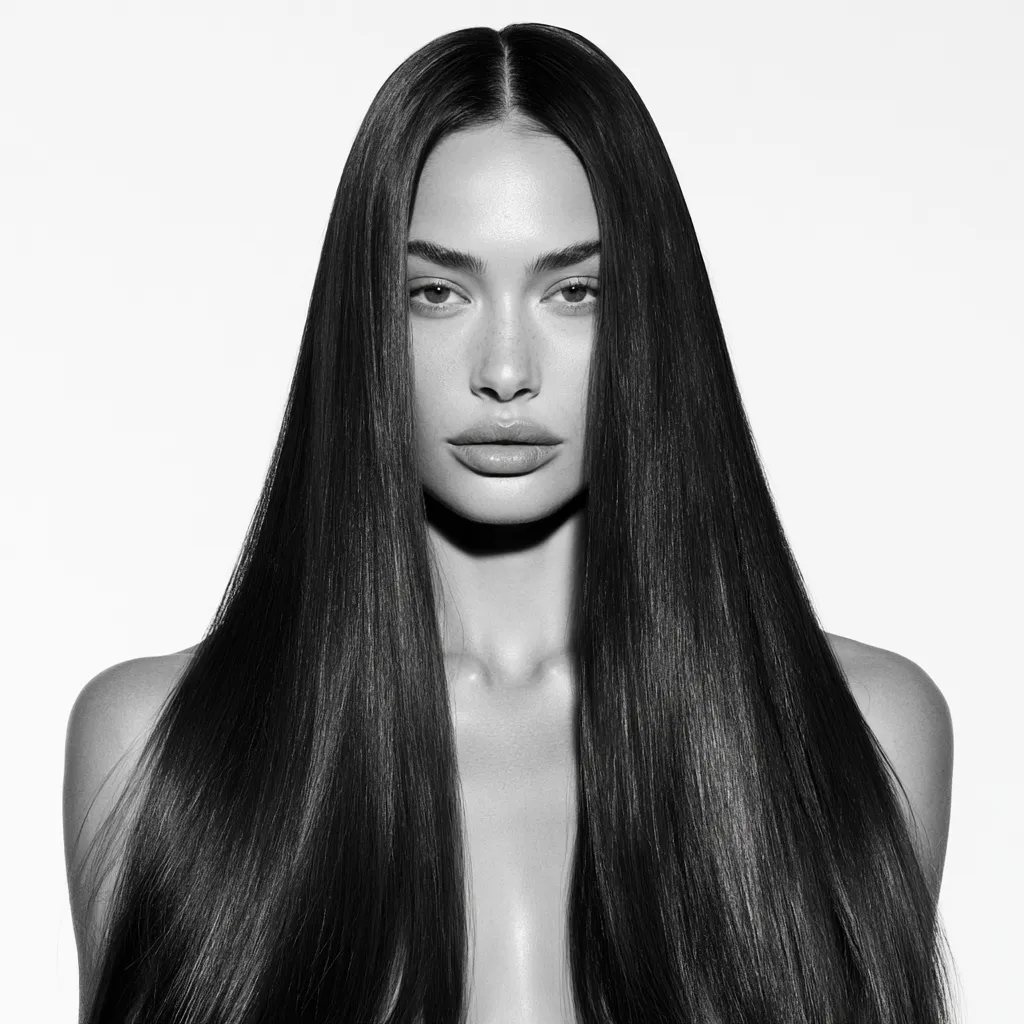 Glass hair effect for clean girl aesthetic hairstyle with long straight dark hair and magazine lighting
