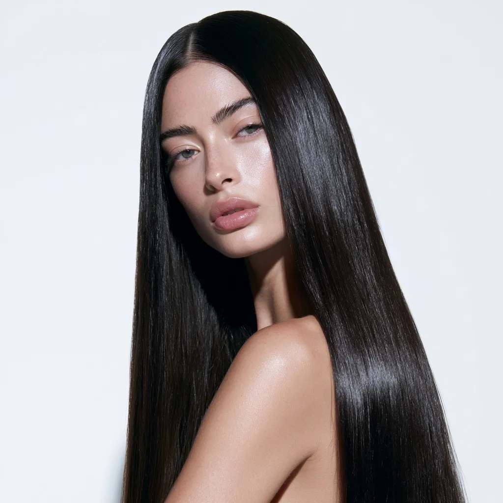 Clean girl glass hair look with extreme reflectivity and center part in studio fashion editorial