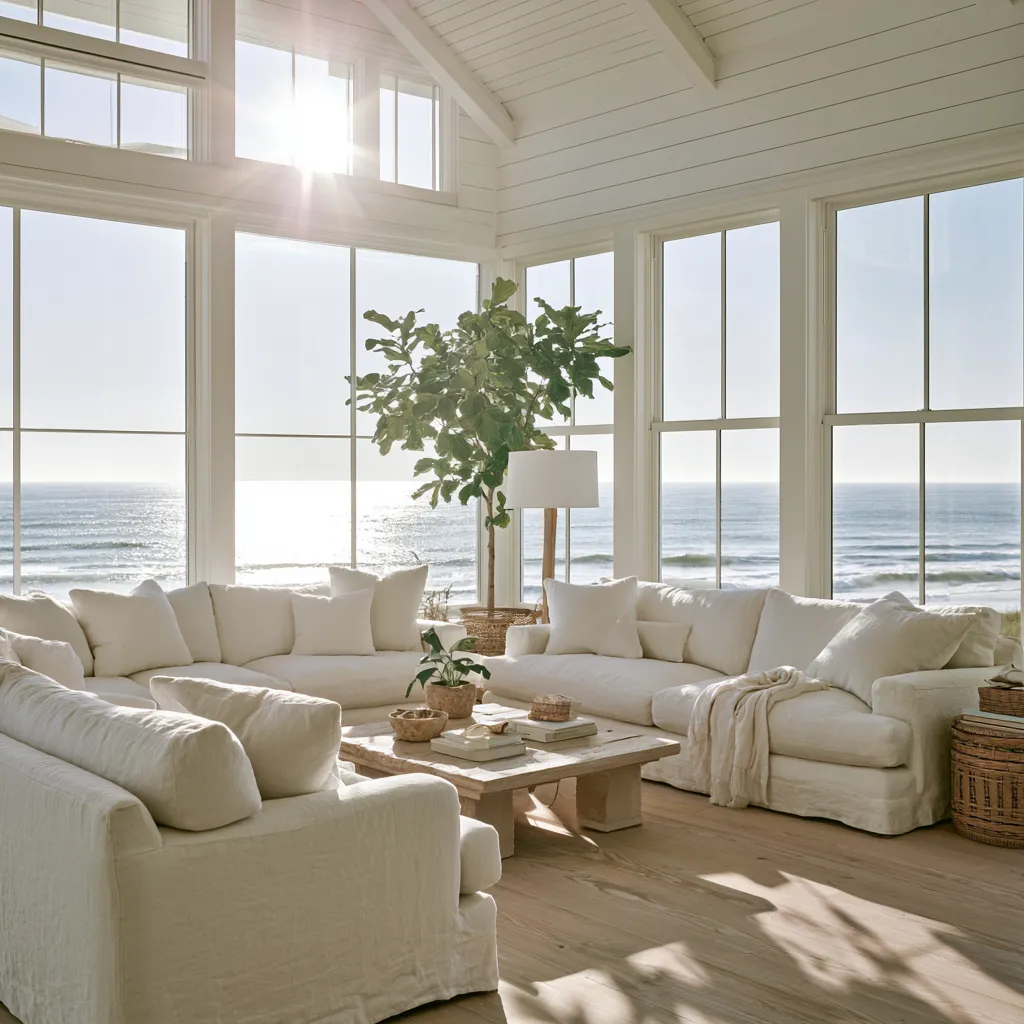 Strandhaus Interieur weiße Shiplap Bretter gebleichte Eichendiele