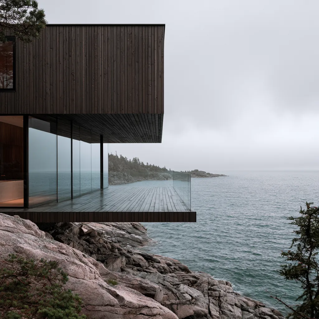 Küsten-Architektur dunkles Lärchenholz-Verkleidung Freiluftdeck über Wasser