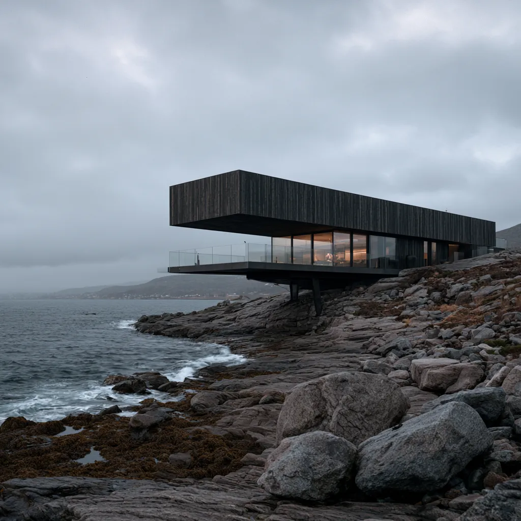 Strandhaus Design dunkle senkrechte Holzbretter Glaswände Felsenküste