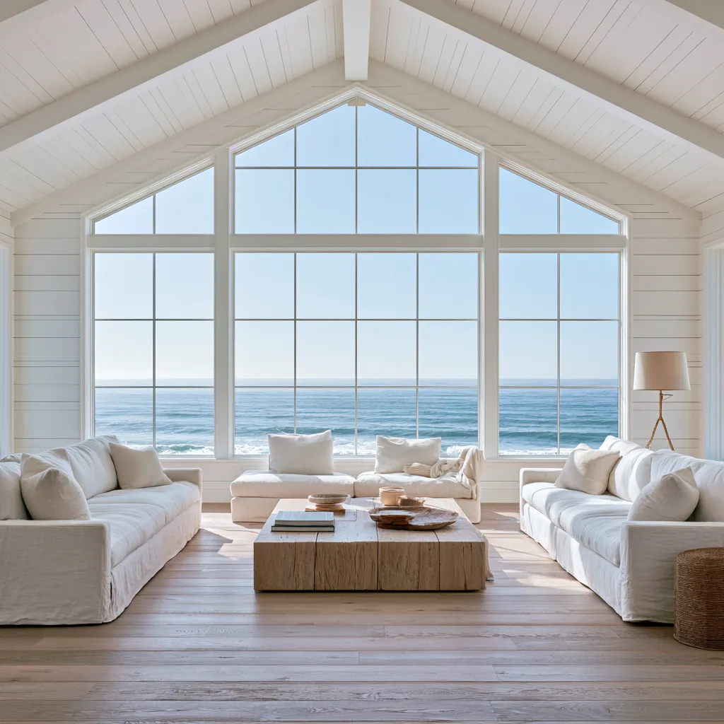 Küstenstil Wohnzimmer natürliches Licht große Fenster Meerblick