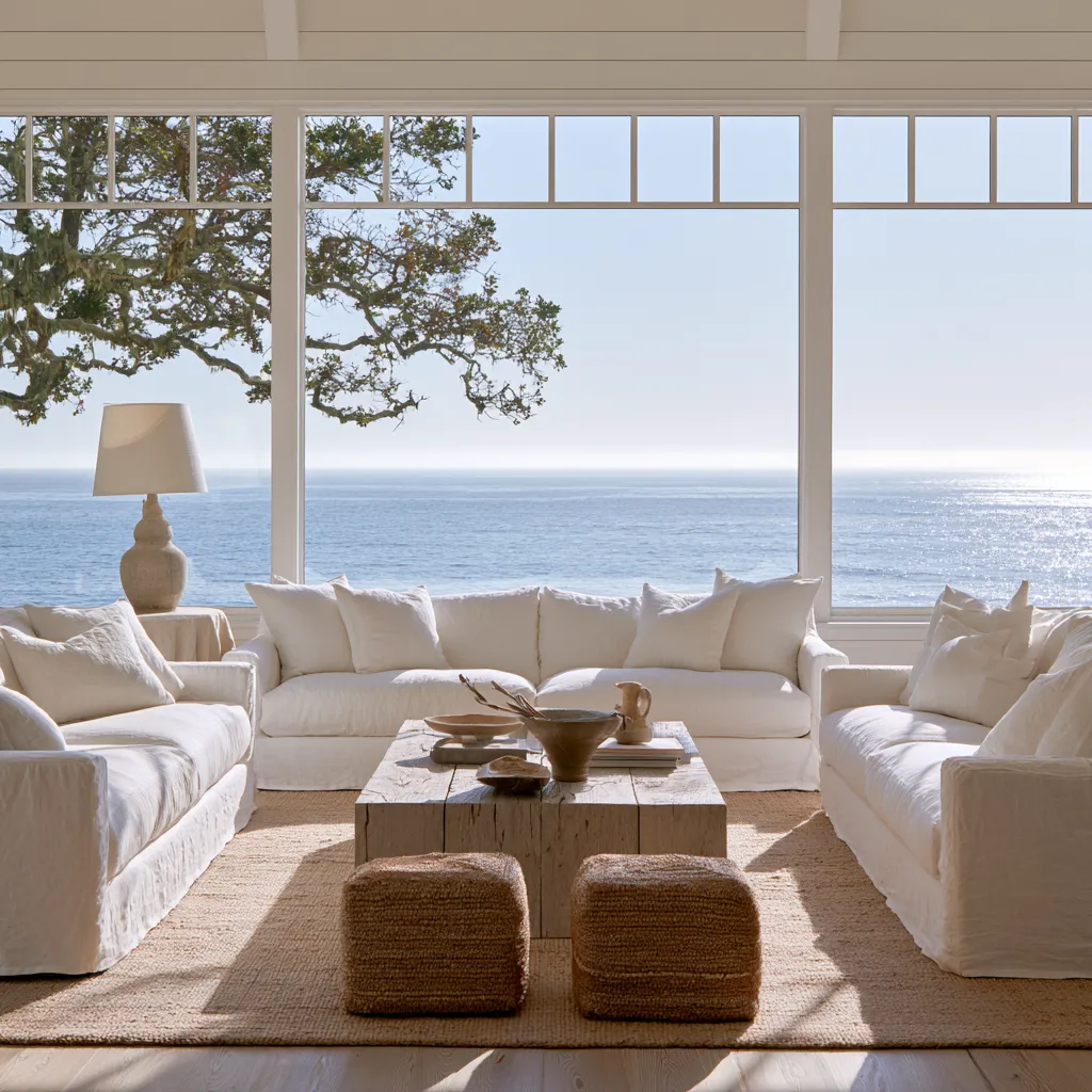 Wohnzimmer Leinensofa Panoramafenster Meerblick Küstenstil