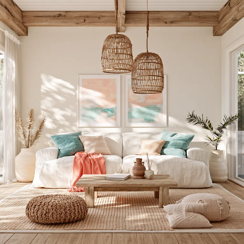 Strandhaus-Interieur Pastell-Palette natürliche Geflechttexturen