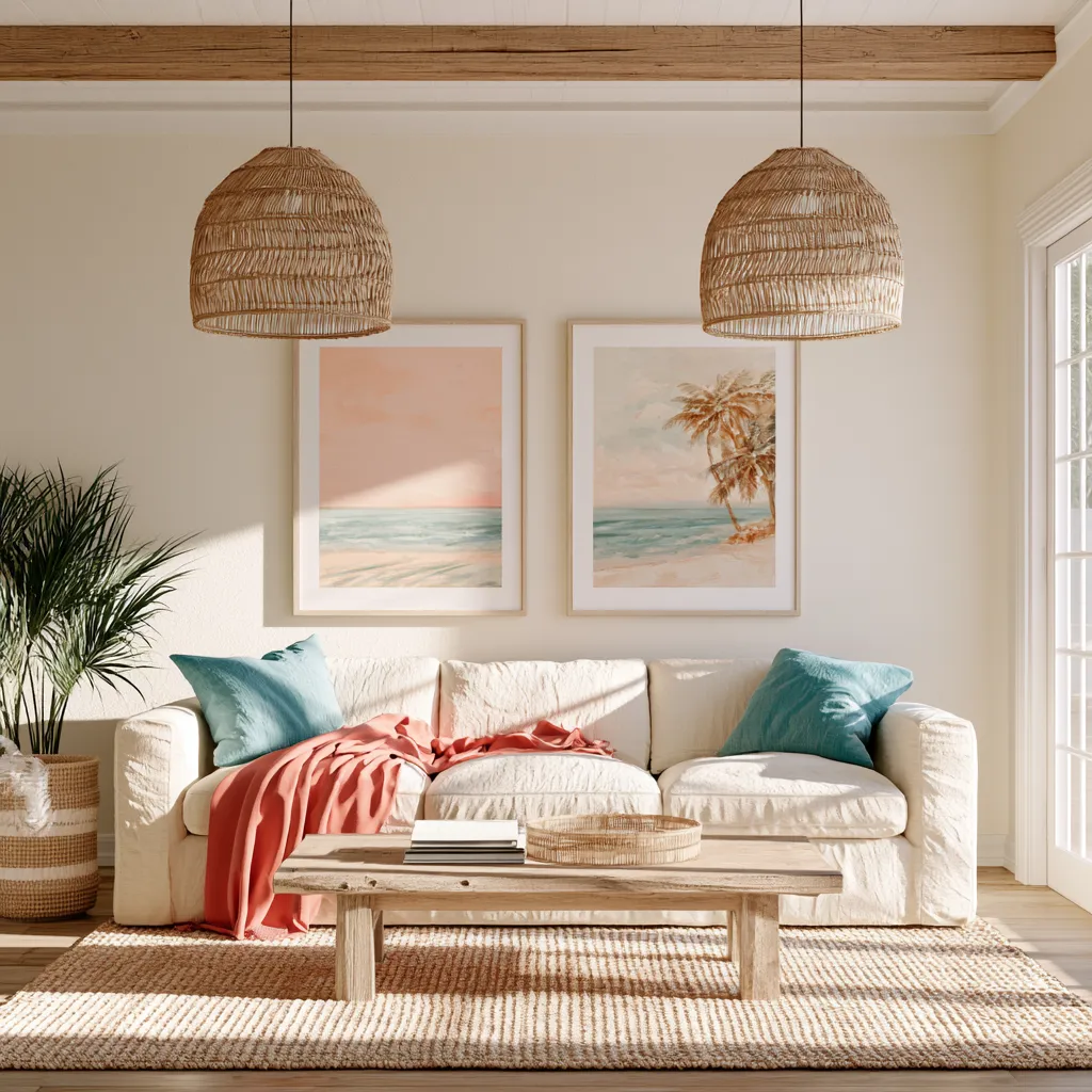 Küstenwohnraum Koralle und Aqua-Farbpalette helles Wohnzimmer