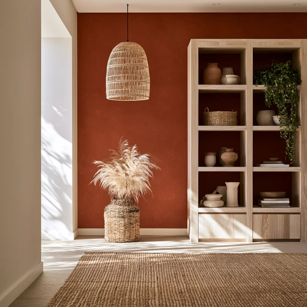 Küstenstil Innen-Details Rattan-Leuchte Terrakotta-Wand Naturflächenteppich